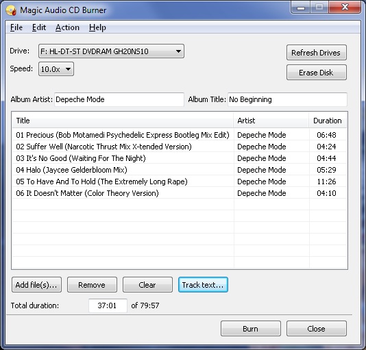 Magic Audio CD Burner is a freeware burning solution for burning MP3, WAV, OGG, AIFF files as CD audio that could be played on car CD player, CD discman, and so on. It allows you to burn aac to CD,ac3 to CD,aiff to CD,ape to CD,flac to CD,m4a to CD.